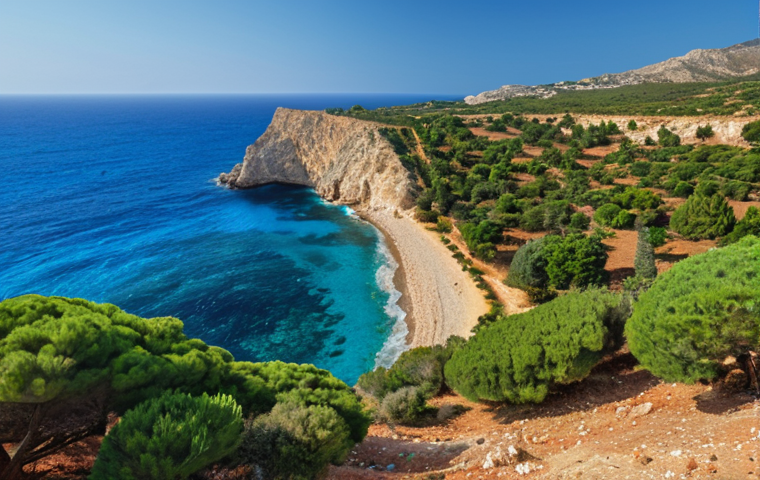 A vibrant Mediterranean landscape in North Cyprus, showcasing the azure sea, red earth, and lush greenery, reflecting the influence of the region's natural beauty on local art.