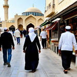 A vibrant street scene in Northern Cyprus, featuring a diverse group of local people in modest, appropriate attire, including men in traditional shirts and women in headscarves, walking through a historical market alleyway. In the background, a grand mosque with intricate domes and elegant minarets stands prominently under a clear, sunny sky. The atmosphere conveys a strong sense of community and daily life, with individuals engaging in respectful interactions. Bright daylight, professional photography, high detail, natural lighting, perfect anatomy, well-formed hands, proper finger count, natural body proportions, correct proportions, natural pose, fully clothed, safe for work, appropriate content, family-friendly.