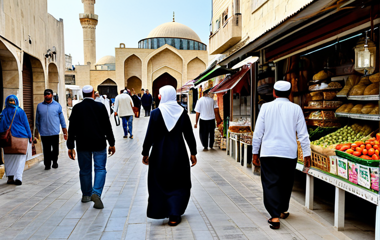 A vibrant street scene in Northern Cyprus, featuring a diverse group of local people in modest, appropriate attire, including men in traditional shirts and women in headscarves, walking through a historical market alleyway. In the background, a grand mosque with intricate domes and elegant minarets stands prominently under a clear, sunny sky. The atmosphere conveys a strong sense of community and daily life, with individuals engaging in respectful interactions. Bright daylight, professional photography, high detail, natural lighting, perfect anatomy, well-formed hands, proper finger count, natural body proportions, correct proportions, natural pose, fully clothed, safe for work, appropriate content, family-friendly.