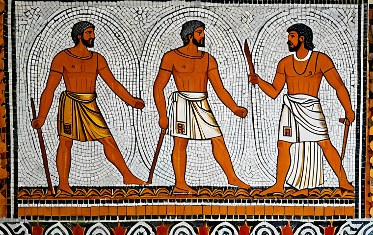 북키프로스 살라미스 유적 - "Ancient Salamis ruins, Roman bathhouse, mosaic floor details, fully clothed tourists exploring, app...