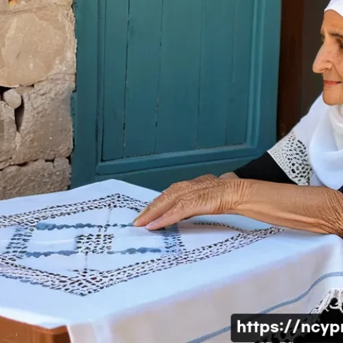북키프로스 전통 장식품 - A close-up of an elderly North Cypriot woman's hands, delicately hand-stitching intricate Lefkara la...