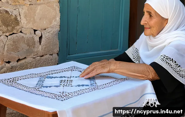북키프로스 전통 장식품 - A close-up of an elderly North Cypriot woman's hands, delicately hand-stitching intricate Lefkara la...