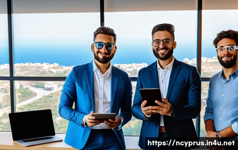 북키프로스와 기술 혁신 - A vibrant and modern startup hub in Northern Cyprus, featuring a diverse group of young entrepreneur...