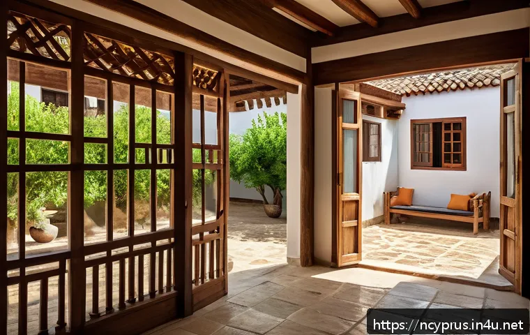 북키프로스 전통 가옥 구조 - A traditional North Cyprus house courtyard scene in summer, showcasing a spacious central courtyard ...