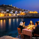 Home 23 북키프로스 라마단 축제 - A vibrant evening scene in a Northern Cyprus village during Ramadan, showing families and neighbors ...