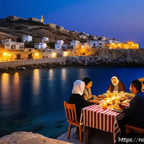 Home 17 북키프로스 라마단 축제 - A vibrant evening scene in a Northern Cyprus village during Ramadan, showing families and neighbors ...