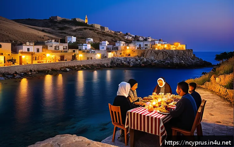 북키프로스 라마단 축제 - A vibrant evening scene in a Northern Cyprus village during Ramadan, showing families and neighbors ...
